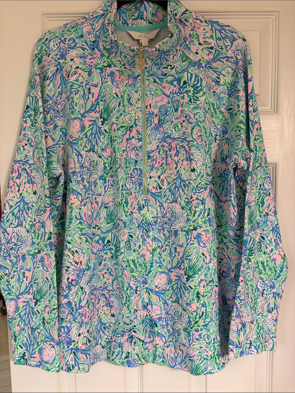 Lilly Pulitzer Seafoam Coral-Print Half-Zip Popover Soleil it on me, Surf Blue